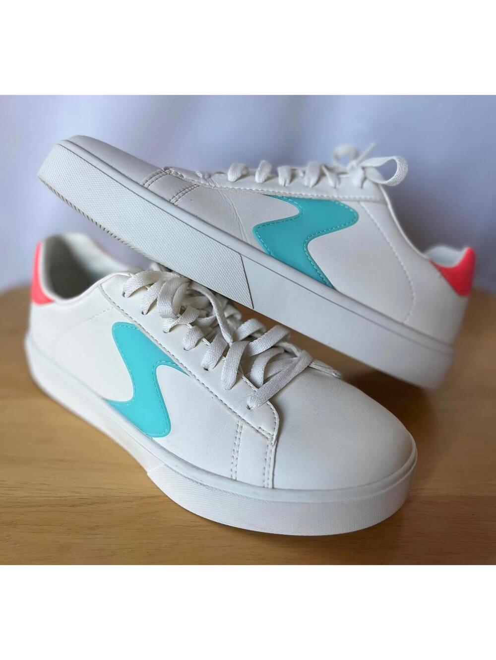 Skechers White Sneakers with Turquoise and Coral Accents Womens Size 8.5